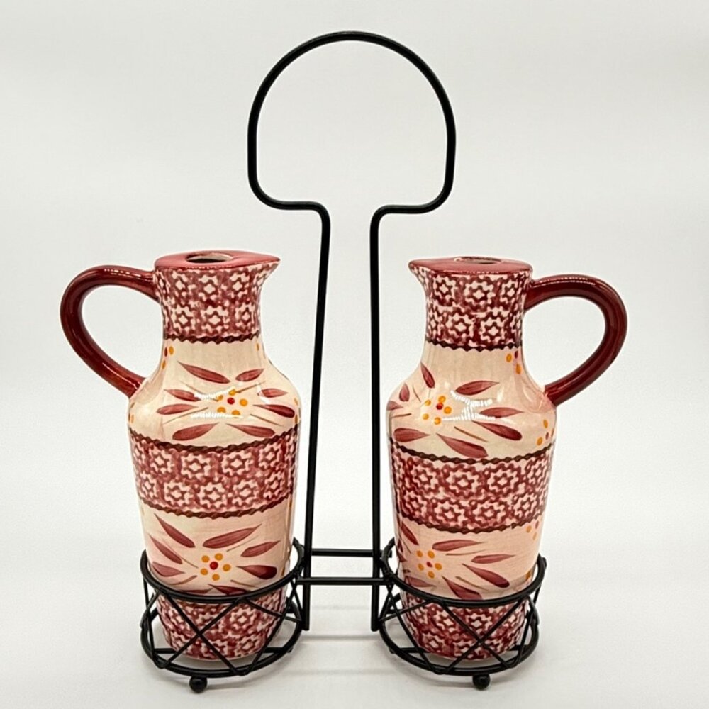 Old World Red Floral Oil & Vinegar Ceramic Jars With Black Metal Holder Set